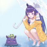  1girl absurdres anklet bangs barefoot blunt_bangs dress eyebrows_visible_through_hair frog gradient_hair highres holding hololive hololive_english jewelry kiwwwwwi long_hair multicolored_hair ninomae_ina&#039;nis open_mouth orange_hair pointy_ears purple_hair rain raincoat smile tako_(ninomae_ina&#039;nis) tentacle_hair tentacles transparent transparent_umbrella umbrella very_long_hair violet_(ninomae_ina&#039;nis) virtual_youtuber water_drop wet 