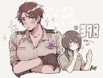  1boy 1girl arrow_(symbol) axis_powers_hetalia blush blush_stickers brown_eyes brown_gloves brown_hair brown_shirt closed_mouth collarbone collared_shirt commentary_request crossed_arms dkdmis flower gloves hair_between_eyes hand_on_own_chin hands_up indonesia_(hetalia) long_hair looking_at_viewer low_ponytail military_uniform muscular muscular_male numbered open_mouth pectorals ponytail purple_flower shirt short_hair short_sleeves sparkle sweatdrop translation_request upper_body vietnam_(hetalia) 