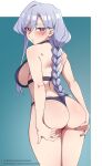  1girl absurdres animanghayo artist_name ass ass_focus blush bra breasts clip_studio_paint_(medium) commentary eiai_nano english_commentary from_behind grabbing_own_ass highres kimi_no_koto_ga_dai_dai_dai_dai_daisuki_na_100-nin_no_kanojo large_breasts long_hair looking_at_viewer looking_back panties patreon_logo patreon_username purple_bra purple_panties red_eyes solo standing subscribestar_logo subscribestar_username thighs thong underwear very_long_hair 