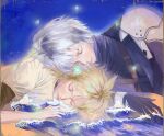  2boys armor black_gloves black_shirt blonde_hair c1111h chest_strap closed_eyes closed_mouth cloud_strife final_fantasy final_fantasy_vii final_fantasy_vii_ever_crisis final_fantasy_vii_remake gloves grey_hair hair_between_eyes hair_tie highres low_ponytail male_focus multiple_boys night night_sky pauldrons ponytail sephiroth sephiroth_(ever_crisis) shirt shirt_under_shirt short_hair shoulder_armor sky spiked_hair turtleneck upper_body waves white_shirt yaoi 