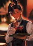  1boy alcohol animal_ears artist_name bishounen black_hair black_neckwear blurry blurry_background blush bow bowtie cherry cocktail_glass commentary_request cup dark-skinned_male dark_skin drinking_glass finger_to_mouth food formal fruit grey_eyes hair_between_eyes hand_up highres holding holding_tray long_sleeves looking_at_viewer male_focus megechan mole mole_under_eye original parted_lips rabbit_ears shirt short_hair shushing smile solo suit tray upper_body very_short_hair waistcoat waiter white_shirt 