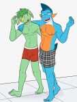 3:4 abs annoyed anthro blue_body boxer_briefs boxer_briefs_only boxers_(clothing) boxers_only bulge clothed clothing duo electrike fuze gao_(fuze) generation_3_pokemon green_body hi_res jolt_(fuze) male male/male marshtomp nintendo nipples pokemon pokemon_(species) red_boxer_briefs red_clothing red_underwear smirking_at_another topless underwear underwear_only walking white_waistband