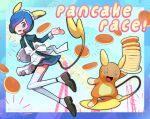  1boy ;d alolan_form alolan_raichu alternate_costume apron blue_eyes blue_hair brown_footwear commentary_request cress_(pokemon) enmaided food gen_7_pokemon gym_leader highres holding holding_plate long_sleeves maid maid_headdress male_focus one_eye_closed open_mouth pancake plate pleated_skirt pokemon pokemon_(creature) pokemon_(game) pokemon_bw shirt shoes short_hair skirt smile thighhighs tongue white_apron white_legwear yeongaeng 