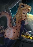 anthro anus arm_warmers armwear big_breasts black_spots blonde_hair blue_eyes braided_hair breasts butt cheetah clothing ear_piercing ear_ring felid feline female fur genitals hair inside kammi-lu legwear lena_fluffy_(knox1607) long_hair mammal markings piercing planet pussy rear_view ring_piercing science_fiction solo space spacecraft spots spotted_body spotted_fur star thigh_highs vehicle
