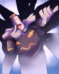  4_(user_faum2238) commentary dusknoir fog full_body gen_4_pokemon hands_up highres no_humans orange_eyes pokemon pokemon_(creature) shards signature single_eye solo 