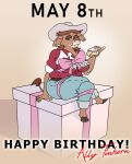 ally_tinhorn anthro bbqnboots40 big_breasts blue_bottomwear blue_clothing blue_jeans blue_pants bottomwear bovid bovine bow_ribbon breasts brown_hair cattle chubby_cheeks clothing cowboy_hat crossed_legs date_celebration denim denim_bottomwear denim_clothing ear_piercing ear_ring eating eyebrows female hair hat headgear headwear hi_res hooves jeans looking_at_viewer mammal pants piercing raised_eyebrow ring_piercing simple_background sitting slightly_chubby slightly_chubby_female smile smirk solo texas text thick_thighs united_states_of_america western western_clothing