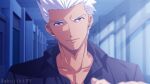  1boy akujiki59 archer_(fate) black_shirt blurry blurry_foreground casual dark-skinned_male dark_skin fate/stay_night fate_(series) head_tilt indoors male_cleavage male_focus moonlight official_style partially_unbuttoned pectorals shirt short_hair smile solo_focus spiked_hair toned toned_male upper_body white_hair 