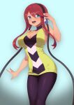  1girl :d bangs bare_arms black_choker black_legwear blue_eyes blush breasts choker cleavage commentary_request cosplay elesa_(pokemon) elesa_(pokemon)_(cosplay) eyelashes gym_leader hair_between_eyes hand_up headphones highres large_breasts momihige open_mouth pantyhose pokemon pokemon_(game) pokemon_bw red_hair short_hair_with_long_locks sidelocks skyla_(pokemon) sleeveless smile solo tongue upper_teeth 