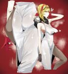  1girl ass bare_shoulders black_gloves blonde_hair covered_nipples dress eyewear_on_head gloves hololive hololive_indonesia kaela_kovalskia kaela_kovalskia_(1st_costume) leebo_(leeboxxx) long_hair multiple_views pointy_breasts red_eyes red_gloves solo sunglasses sweat virtual_youtuber white_dress 