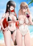  2girls atelier_live bare_hips beach bikini black_hair blue_eyes body_markings breasts brown_hair cleavage cleavage_cutout clothing_cutout ear_piercing expulse hand_on_hip highres legs_apart looking_at_viewer multicolored_hair multiple_girls multiple_piercings nanatsuki_nana o-ring o-ring_bikini original piercing red_hair sipping smile swimsuit tan tanlines tattoo zenith_(expulse) 