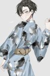  1boy androgynous animal_print artist_name black_hair blue_kimono bracelet commentary_request cowboy_shot crossdressing ear_piercing fish_print from_behind grey_background grey_eyes grin hand_up highres japanese_clothes jewelry kimono long_hair long_sleeves male_focus megechan obi original piercing print_kimono sash short_hair simple_background smile solo very_short_hair 