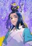  2boys absurdres animal_on_head black_cat black_hair blue_eyes cat cat_on_head flower highres long_hair luoxiaohei multiple_boys on_head paper_hat paper_kabuto parted_lips purple_flower smile the_legend_of_luo_xiaohei upper_body uroco27 wisteria wuxian_(the_legend_of_luoxiaohei) yellow_background 