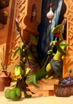  against_wall badge basket clothed_pokemon curtains day highres holding holding_polearm holding_weapon joltik no_humans open_mouth outdoors plant pokemon pokemon_(creature) pokemon_mystery_dungeon polearm potted_plant realspacejunk sceptile spear stairs sunlight treecko vase weapon 