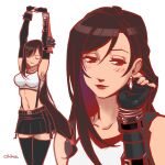  1girl adjusting_earrings armpits artist_name black_bra black_gloves black_skirt black_thighhighs bra breasts brown_hair closed_eyes commentary cowboy_shot crop_top earrings elbow_gloves elbow_pads english_commentary final_fantasy final_fantasy_vii final_fantasy_vii_remake fingerless_gloves gloves hair_between_eyes hair_tie highres jewelry light_blush light_smile long_hair low-tied_long_hair medium_breasts midriff miniskirt multiple_views navel okha red_eyes shirt single_elbow_pad skirt sleeveless sleeveless_shirt solo sports_bra stretching suspenders thighhighs tifa_lockhart underwear white_background white_shirt 