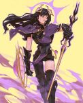  1girl armor black_hair bleeding blood breastplate brown_legwear capelet copyright_request edpan floating_hair gauntlets hair_between_eyes hair_ornament halo hand_up highres holding holding_shield holding_sword holding_weapon long_hair looking_at_viewer metal_boots one_eye_closed parted_lips purple_blood purple_capelet shield single_leg_pantyhose solo standing sword thighhighs weapon 