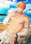  1boy abs bara beach blue_eyes clause_(king&#039;s_raid) clock_hands closed_mouth cloud day king&#039;s_raid large_pectorals looking_at_viewer male_focus male_swimwear muscular muscular_male navel nipples nuzuki_(mamewo) orange_hair outdoors pectorals sand shiny shiny_hair shirtless short_hair sky smile solo summer upper_body water whistle 