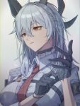  1girl adjusting_clothes adjusting_gloves armband black_armband black_choker black_gloves black_horns breasts chest_harness choker chromatic_aberration closed_mouth collared_shirt commentary_request curled_horns gloves grey_hair hair_between_eyes harness highres horns kopi_(user_ajtn7422) large_breasts long_hair multicolored_hair necktie portrait red_eyes red_necktie shirt signature solo streaked_hair white_shirt wuthering_waves zani_(wuthering_waves) 