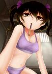  1girl bow bra breasts brown_hair cleavage closed_mouth commentary_request covered_nipples cowboy_shot day food hair_between_eyes hair_bow harunoha himekaidou_hatate indoors long_hair looking_at_viewer medium_breasts navel panties pocky pocky_day pocky_kiss purple_bow purple_bra purple_panties solo touhou twintails underwear variant_set window 