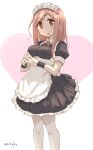  1girl :d aikawa_chiho alternate_costume apron bangs black_dress blush breasts brown_eyes brown_hair commentary_request dress enmaided eyebrows_visible_through_hair feet_out_of_frame flying_sweatdrops frilled_apron frills heart highres long_hair looking_at_viewer maid maid_headdress medium_breasts open_mouth pantyhose puffy_short_sleeves puffy_sleeves short_sleeves smile solo standing steepled_fingers swept_bangs umiroku white_apron white_background white_legwear wrist_cuffs yuyushiki 
