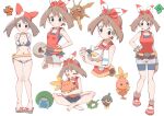  1girl bandana barefoot bike_shorts bikini bow breasts brown_hair cleavage commentary_request hair_bow highres indian_style looking_at_viewer lotad lowleg lowleg_bikini lunatone may_(pokemon) multiple_views pokemon pokemon_(creature) pokemon_(game) pokemon_oras pokemon_rse short_shorts shorts sitting sleeveless solrock standing swimsuit toes torchic wingull yakiniku-joan. 