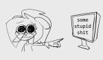 2022 anthro bodily_fluids buxy clothing computer computer_screen electronics eye_through_hair female gesture hair hand_gesture humor long_sleeve_shirt mammal monochrome pointing rodent sad sciurid shirt solo tears text topwear translucent translucent_hair tree_squirrel wide_eyed