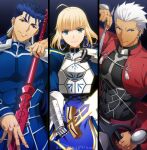  1girl 2boys ahoge akujiki59 archer_(fate) armor artoria_pendragon_(fate) blue_bodysuit blue_hair bodysuit bow_(weapon) breastplate covered_abs cu_chulainn_(fate) cu_chulainn_(fate/stay_night) dark-skinned_male dark_skin drawing_bow excalibur_(fate/stay_night) fate/stay_night fate_(series) gae_bolg_(fate) green_eyes holding holding_bow_(weapon) holding_lance holding_polearm holding_sword holding_weapon lance multiple_boys official_style pectorals polearm ponytail red_eyes saber short_hair shrug_(clothing) smile spiked_hair sword upper_body weapon white_hair 