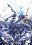  1girl alice_(sinoalice) bangs blue_dress blue_footwear blue_gloves blue_hair blue_legwear dress full_body gloves hair_between_eyes headband highres holding holding_sword holding_weapon looking_to_the_side open_mouth red_eyes shards shoes short_hair sinoalice solo sword thighhighs weapon yuliana 
