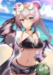 1girl absurdres animal_ears arknights arm_up bangs bare_shoulders beach bikini black_bikini black_choker black_shorts blue_sky breasts choker cloud commentary_request cowboy_shot day eyewear_on_head hair_between_eyes highres jewelry k@bu lin_yuhsia_(arknights) long_hair looking_at_viewer medium_breasts mouse_ears navel necklace off_shoulder outdoors pink_eyes pink_hair short_shorts shorts sky solo standing stomach sunglasses swimsuit water 