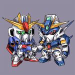  chibi colored_sclera commission ecole_du_ciel english_commentary green_sclera grey_background gundam handshake highres le_cygne looking_at_viewer mecha mecha_focus mobile_suit no_humans red_sclera robot science_fiction sd_gundam v-fin zeta_gundam zeta_gundam_(mobile_suit) zjeorno 