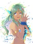  1girl :d air_bubble bangs bare_shoulders bikini blue_eyes blurry blurry_background breasts bubble dark-skinned_female dark_skin depth_of_field eyebrows_visible_through_hair forehead_jewel green_hair hair_between_eyes hands_together hands_up head_fins kuroe_(sugarberry) long_hair looking_at_viewer medium_breasts navel open_mouth own_hands_together parted_bangs simple_background sirenetta_(wonderland_wars) smile solo striped striped_bikini swimsuit upper_body upper_teeth white_background wonderland_wars wrist_cuffs 