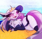 anatid anseriform anserinae anthro avian avian_demon bird breasts clothing demon ear_piercing ear_ring female fur hair hat headgear headwear helluva_boss hi_res long_hair looking_at_viewer lying on_side one-piece_swimsuit piercing pink_eyes prince_papaya ring_piercing smile solo stella_(helluva_boss) sun_hat swan swimwear thick_thighs white_body white_fur white_hair