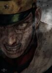  1boy black_headwear blood blood_on_face brown_eyes clenched_teeth golden_kamuy hat looking_at_viewer male_focus military_hat mitsuya portrait scar scar_on_cheek scar_on_face solo sugimoto_saichi teeth 