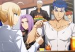  2boys 2girls 3boys akujiki59 archer_(fate) artoria_pendragon_(fate) blue_hair chopsticks covered_abs cu_chulainn_(fate) cu_chulainn_(fate/stay_night) dark-skinned_male dark_skin emiya_shirou fate/stay_night fate_(series) food food_request frown fruit glasses lemon male_cleavage medusa_(fate) medusa_(rider)_(fate) multiple_boys multiple_girls official_style pectorals ponytail purple_hair red_eyes saber shirt short_hair smile spiked_hair toned toned_male white_hair white_shirt 