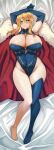 1girl :o armpits arms_up artoria_pendragon_(fate) artoria_pendragon_(lancer)_(fate) barefoot blonde_hair blue_gloves blue_legwear blue_leotard blush breasts cape cleavage covered_navel elbow_gloves fate/grand_order fate_(series) feet fur-trimmed_cape fur_trim gloves green_eyes highres holding_own_arm large_breasts legs_together leotard lying on_back single_thighhigh solo t_bone_(06tbone) thick_thighs thigh_gap thighhighs thighs toes 
