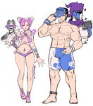  1boy 1girl abs absurdres adjusting_clothes adjusting_headwear anklet arm_tattoo bare_shoulders barefoot bikini black_hair blue_male_swimwear blue_swim_trunks bracelet braid braided_ponytail breasts brooch bun_with_braided_base butterfly_tattoo cleavage criss-cross_halter cropped_vest double_bun eyelashes eyeshadow father_and_daughter fingernails full_body hair_bun half-closed_eyes halterneck hand_on_headwear hand_on_own_hip hand_up hat_over_one_eye heart heart-shaped_hair highres jewelry jojo_no_kimyou_na_bouken kujo_jolyne large_breasts light_frown lipstick looking_at_viewer makeup male_swimwear multicolored_bikini multicolored_hair multiple_rings muscular muscular_male nail_polish navel_piercing open_clothes open_vest piercing pink_eyeshadow pink_hair pink_lips print_bikini print_hat print_headwear purple-tinted_eyewear purple_eyes purple_nails ring sandals short_hair simple_background smile stand_(jojo) standing star_(symbol) star_brooch star_piercing star_platinum stone_free stone_ocean sunglasses swim_trunks swimsuit tattoo tinted_eyewear toenail_polish toenails topless_male two-tone_hair two-tone_male_swimwear unraveling vest visor_cap wanderjegson white_background white_bikini white_hair white_male_swimwear white_swim_trunks white_vest wristband 