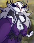 4:5 5_fingers anthro avian avian_demon breasts cleavage clothed clothed_anthro clothed_female clothing cosplay crossover crossover_cosplay demon feathers female fingers frown hair helluva_boss hi_res mortal_kombat scowl sindel sketchybug solo stella_(helluva_boss) white_body white_feathers white_hair