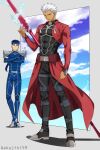  2boys akujiki59 alternate_weapon archer_(fate) armor blue_bodysuit blue_hair bodysuit covered_abs crossed_arms cu_chulainn_(fate) cu_chulainn_(fate/stay_night) dark-skinned_male dark_skin fate/stay_night fate_(series) full_body lightning looking_at_another male_focus multiple_boys official_style pauldrons pectorals ponytail red_eyes short_hair shoulder_armor shrug_(clothing) smile spiked_hair standing toned toned_male weapon white_hair 