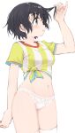  1girl adjusting_hair black_hair blush bow bow_panties breasts cowboy_shot highres hololive k-go lace-trimmed_panties lace_trim looking_to_the_side medium_breasts navel no_pants oozora_subaru oozora_subaru_(1st_costume) panties revision shirt short_hair short_sleeves simple_background solo standing stomach striped_clothes striped_shirt thighhighs thighs tied_shirt underwear vertical-striped_clothes vertical-striped_shirt virtual_youtuber white_background white_panties white_thighhighs 