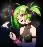  1girl arm_strap artpatient bangs clothing_cutout covered_collarbone delutaya diagonal_bangs earrings edelweiss_(flower) flower gold_earrings green_hair green_nails highres indie_virtual_youtuber jewelry open_mouth red_eyes sky sleeveless solo star_(sky) starry_sky triangle_earrings triangle_hair_ornament twintails underboob_cutout utaite_(singer) virtual_youtuber wrist_cuffs 