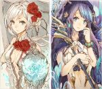  2girls blue_eyes blue_hair book bracelet breasts cleavage cleavage_cutout closed_mouth clothing_cutout crop_top fins flower hair_bun hair_flower hair_ornament holding holding_staff hood hood_up jewelry large_breasts looking_at_viewer multicolored_hair multiple_girls navel ningyo_hime_(sinoalice) orb purple_hair ribbon rose sad serious sidelocks sino_nb3 sinoalice snow_white_(sinoalice) staff twintails two-tone_hair white_hair 