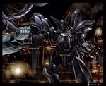  av-98_ingram black_border border clenched_hand damaged dated fighting highres kidou_keisatsu_patlabor mecha night night_sky no_humans ohtagaki_yasuo open_hand radio_antenna science_fiction sky solo_focus type_j-9_griffon 