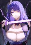  1girl bangs breasts cleavage cleavage_cutout clothing_cutout elbow_gloves electricity genshin_impact gloves hair_ornament highres holding holding_weapon ichibi japanese_clothes kimono large_breasts looking_at_viewer purple_eyes purple_hair raiden_(genshin_impact) serious shiny shiny_hair solo sword tomoe_(symbol) upper_body weapon 