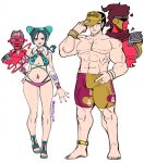  1boy 1girl abs absurdres adjusting_clothes adjusting_headwear anklet aqua_bikini aqua_eyeshadow aqua_lips arm_tattoo bare_shoulders barefoot bikini black_hair blue_bikini bracelet braid braided_ponytail breasts brooch bun_with_braided_base butterfly_tattoo cleavage criss-cross_halter cropped_vest double_bun eyelashes eyeshadow father_and_daughter fingernails full_body gold_anklet gold_ring green_hair hair_bun half-closed_eyes halterneck hand_on_headwear hand_on_own_hip hand_up hat_over_one_eye heart heart-shaped_hair highres jewelry jojo_no_kimyou_na_bouken kujo_jolyne large_breasts light_frown lipstick looking_at_viewer makeup male_swimwear multicolored_bikini multicolored_hair multiple_rings muscular muscular_male nail_polish navel_piercing open_clothes open_vest piercing print_bikini print_hat print_headwear purple-tinted_eyewear purple_bikini purple_eyes purple_nails red_male_swimwear red_swim_trunks ring sandals short_hair simple_background smile stand_(jojo) standing star_(symbol) star_brooch star_piercing star_platinum stone_free stone_ocean sunglasses swim_trunks swimsuit tattoo tinted_eyewear toenail_polish toenails topless_male two-tone_hair two-tone_male_swimwear unraveling vest visor_cap wanderjegson white_background white_vest wristband yellow_male_swimwear yellow_swim_trunks 