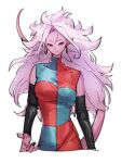  1girl android_21 black_nails checkered checkered_dress closed_mouth colored_skin dragon_ball dragon_ball_fighterz dress earrings fingernails hoop_earrings jewelry kemachiku long_hair looking_at_viewer majin_android_21 nail_polish pink_hair pink_skin pointy_ears red_eyes simple_background smile solo tail white_background 
