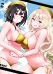  2girls :d alternate_costume asymmetrical_docking atago_(kancolle) beret bikini black_hair blonde_hair blush breast_press breasts cleavage from_side gold_bikini gold_hat halterneck hat highres kantai_collection kirigakure_(kirigakure_tantei_jimusho) large_breasts long_hair multiple_girls red_eyes short_hair side-tie_bikini_bottom smile string_bikini swimsuit takao_(kancolle) 