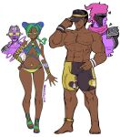  1boy 1girl abs absurdres adjusting_clothes adjusting_headwear anklet arm_tattoo bare_shoulders barefoot bikini black_hair blue_bikini blue_hair bracelet braid braided_ponytail breasts brooch brown_swim_trunks bun_with_braided_base butterfly_tattoo cleavage criss-cross_halter cropped_vest dark-skinned_female dark-skinned_male dark_skin double_bun eyelashes eyeshadow father_and_daughter fingernails full_body gold_anklet gold_ring green-tinted_eyewear green_bikini green_eyes green_eyeshadow green_hair green_lips green_nails hair_bun half-closed_eyes halterneck hand_on_headwear hand_on_own_hip hand_up hat_over_one_eye heart heart-shaped_hair highres jewelry jojo_no_kimyou_na_bouken kujo_jolyne large_breasts light_frown lipstick looking_at_viewer makeup male_swimwear multicolored_bikini multicolored_hair multiple_rings muscular muscular_male nail_polish navel_piercing open_clothes open_vest piercing print_bikini print_hat print_headwear purple_eyes ring sandals short_hair simple_background smile stand_(jojo) standing star_(symbol) star_brooch star_piercing star_platinum stone_free stone_ocean sunglasses swim_trunks swimsuit tattoo tinted_eyewear toenail_polish toenails topless_male two-tone_hair unraveling vest visor_cap wanderjegson white_background white_vest wristband yellow_male_swimwear yellow_swim_trunks 