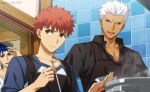  3boys akujiki59 apron archer_(fate) black_apron black_shirt blue_hair cooking cu_chulainn_(fate) cu_chulainn_(fate/stay_night) dark-skinned_male dark_skin emiya_shirou fate/stay_night fate_(series) frown male_cleavage male_focus multiple_boys official_style orange_hair partially_unbuttoned pectorals peeking ponytail red_eyes shirt short_hair spiked_hair toned toned_male upper_body white_hair 