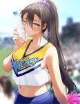  1girl bare_shoulders bottle breasts brown_hair cheerleader cleavage clothing_cutout cool_your_head crop_top fed_(giba) hair_tie highres large_breasts looking_at_viewer navel navel_cutout one_eye_closed original ponytail skirt squish water_bottle 