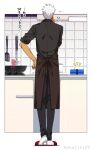  1boy akujiki59 alternate_costume apron archer_(fate) black_apron cooking dark-skinned_male dark_skin fate/stay_night fate_(series) from_behind full_body kitchen male_focus official_style short_hair solo spiked_hair thinking translation_request white_hair 
