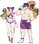  1boy 1girl abs absurdres adjusting_clothes adjusting_headwear anklet arm_tattoo bare_shoulders bikini black_hair bracelet braid braided_ponytail breasts brooch bun_with_braided_base butterfly_tattoo cleavage criss-cross_halter cropped_vest double_bun eyelashes eyeshadow father_and_daughter fingernails full_body hair_bun half-closed_eyes halterneck hand_on_headwear hand_on_own_hip hand_up hat_over_one_eye heart heart-shaped_hair heart_print highres jewelry jojo_no_kimyou_na_bouken kujo_jolyne kujo_jotaro large_breasts light_frown lipstick looking_at_viewer makeup male_swimwear multicolored_bikini multicolored_hair multiple_rings muscular muscular_male nail_polish navel_piercing open_clothes open_vest pale_skin piercing pink_bikini pink_eyeshadow pink_hair pink_lips print_bikini print_hat print_headwear purple-tinted_eyewear purple_bikini purple_eyes purple_hair purple_male_swimwear purple_nails purple_swim_trunks ring sandals short_hair simple_background smile stand_(jojo) standing star_(symbol) star_brooch star_piercing star_platinum stone_free stone_ocean sunglasses swim_trunks swimsuit tattoo tinted_eyewear toenail_polish toenails topless_male two-tone_hair unraveling vest visor_cap wanderjegson white_background white_vest wristband yellow_eyes 